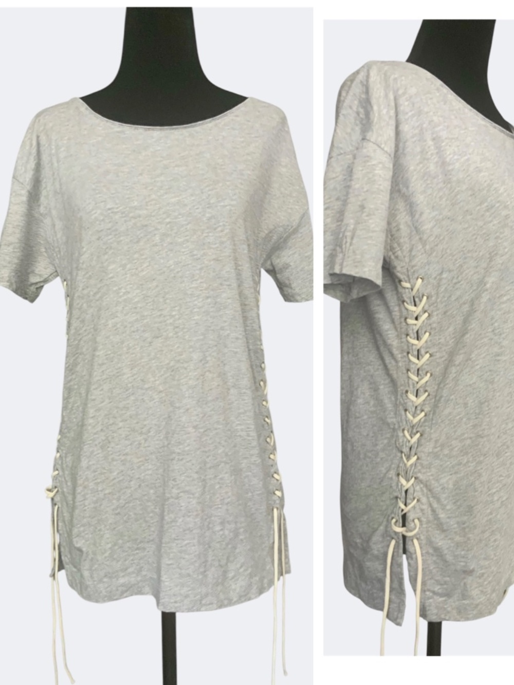 J Crew Lace Up Side Heather Grey Cotton T Shirt SZ S